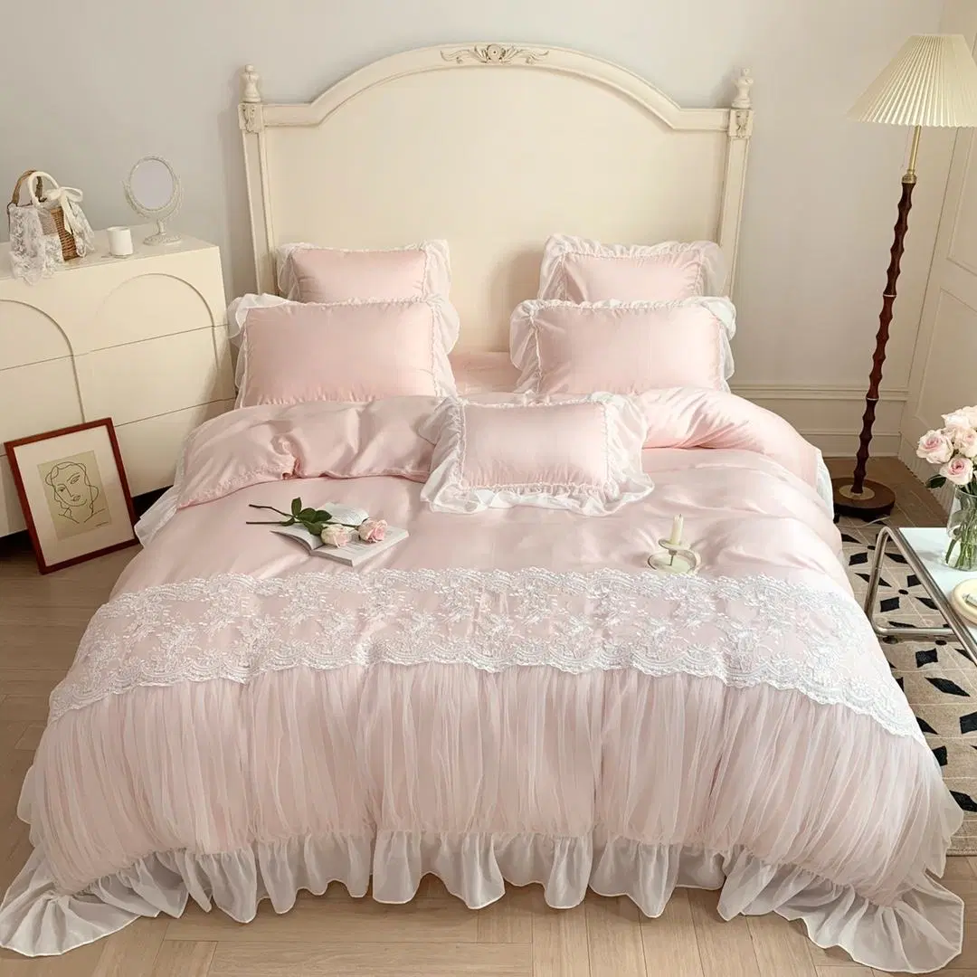 Beauté frais filles lit Queen Size draps luxueux en fibre de lyocell Parure de lit rose en dentelle