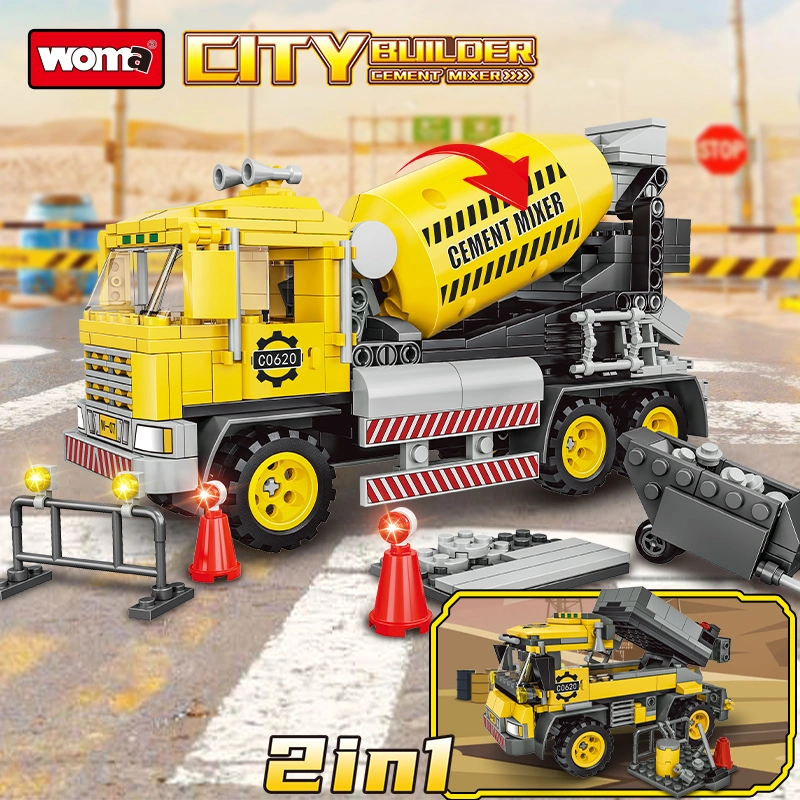 Woma Toy C0620 Student Kids Assemble 2 in 1 Construction Site Car Model Cement Truck Building Block Bricks Cement Admixture Car Toy Educational DIY