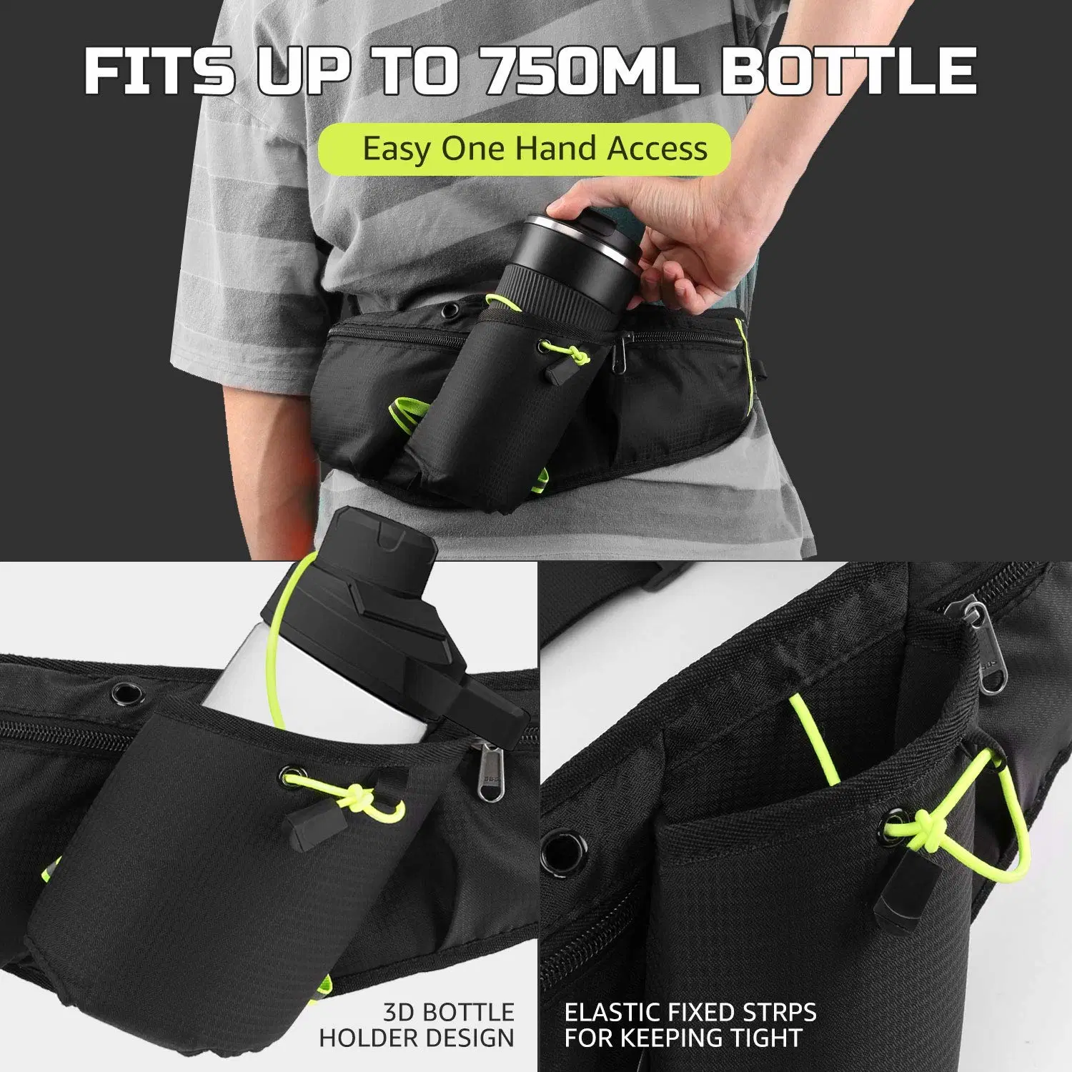 Multi-Pocket Waist Bag, Running Pouch Belt with Water Bottle Holder Wbb12967