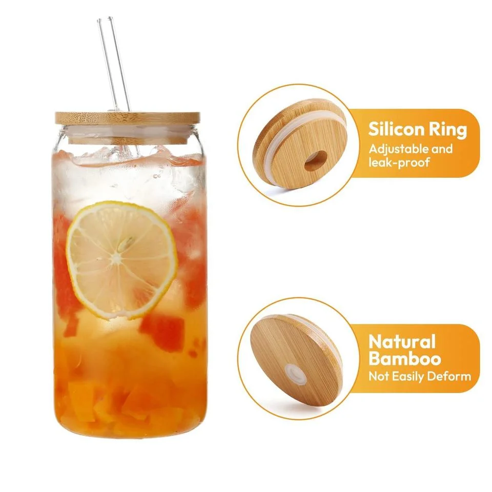 Trinken 16 Oz kann Saft Glas Getränketasse mit geformt Bambusdeckel und Glasstrohhalme