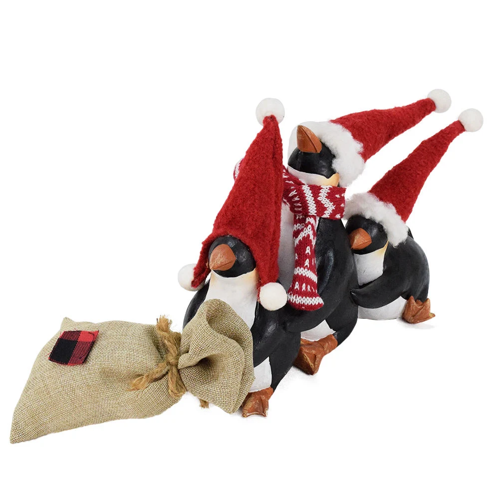 Resin Christmas Decoration Craft Penguin Figurines with Linen Bag Decor