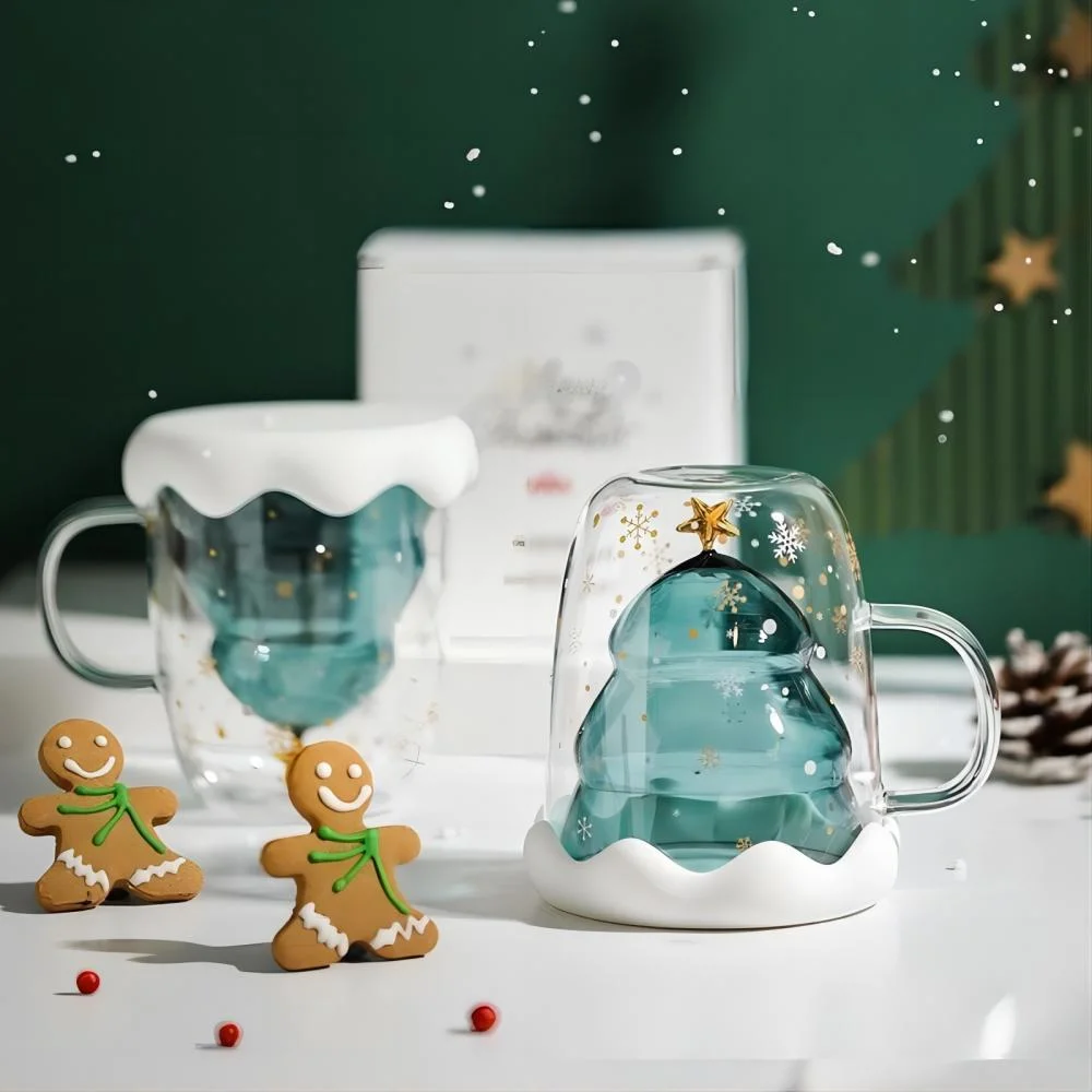 Weihnachtsgeschenke 300ml Weihnachten Double Wall Glas Tasse Becher mit Griff