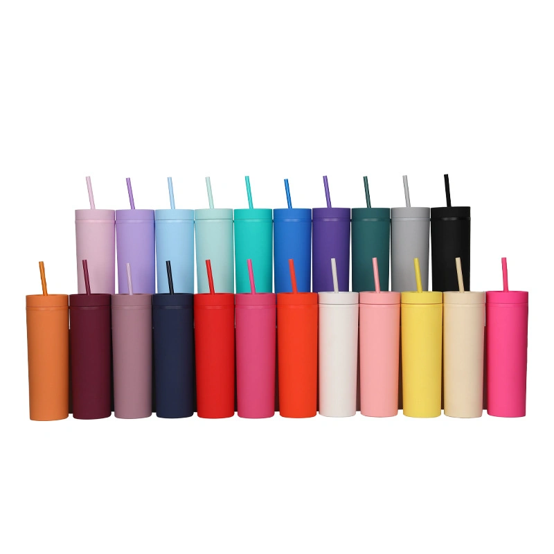 Customized Slim Skinny Acrylic Pastel Colored Semi-Matte Tumblers 16oz Plastic Reusable Tumbler Cups with Straw