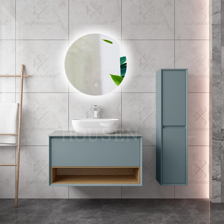 Smart Mirror Solid Wood Wall Mounted Rock Slab Undercountertop Sink Ambient Light Hanging Bathroom Cabinet Vanity Set for Hotel