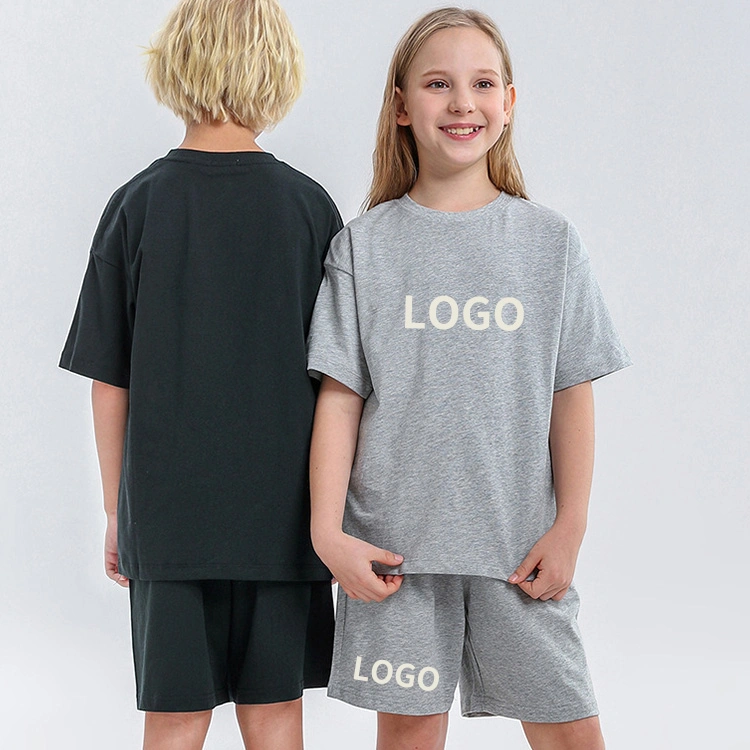 Custom OEM ODM Luxus Baumwolle Sommer einfarbig Massiv Blank Kinder Jungen Trainingsanzug Mädchen Kinderkleidung 2-teilige T-Shirt Shorts Sets für Kinder tragen