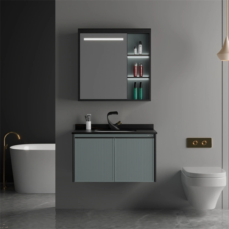 Wall Mounted Storage Mirror Cabinet with Induction Lamp Modern Bathroom Vanity Cabinet with Artificial Stone Basin