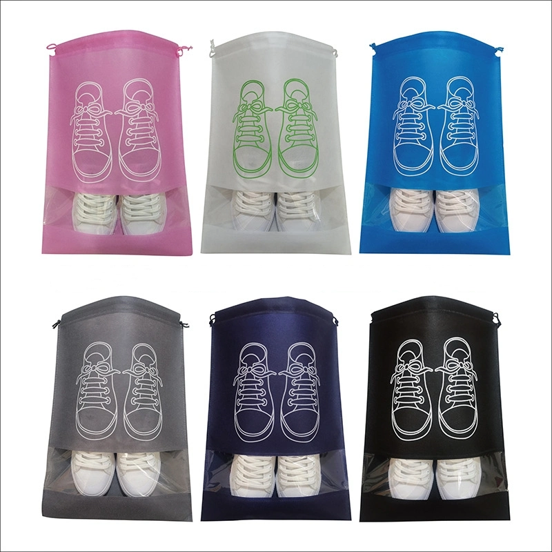 Customize Printed Eco Friendly Reusable Non Woven PVC Window Draw String Travel Shoe Slipper Sneaker Cover Gym Pouch Storage Carrier Packing Dust Drawstring Bag