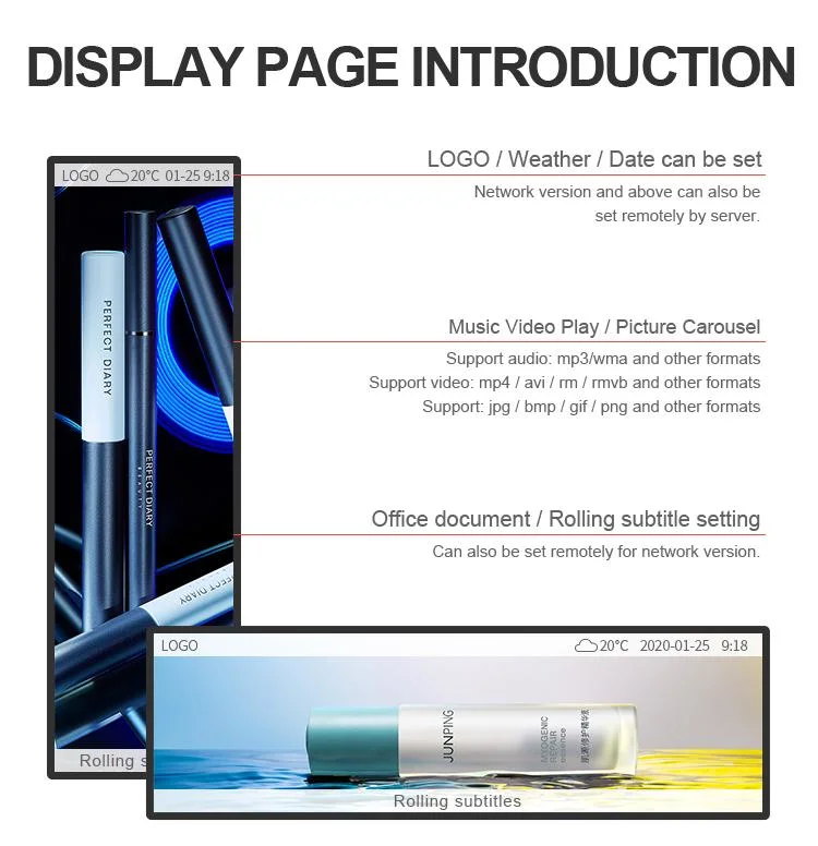 23.1 24 24.5 28 28.6 35 37 43 49.5 polegadas Prateleira de anúncios para painéis de ecrã LCD LED extremidade da prateleira de apresentação LCD com barra extensível ultra grande angular