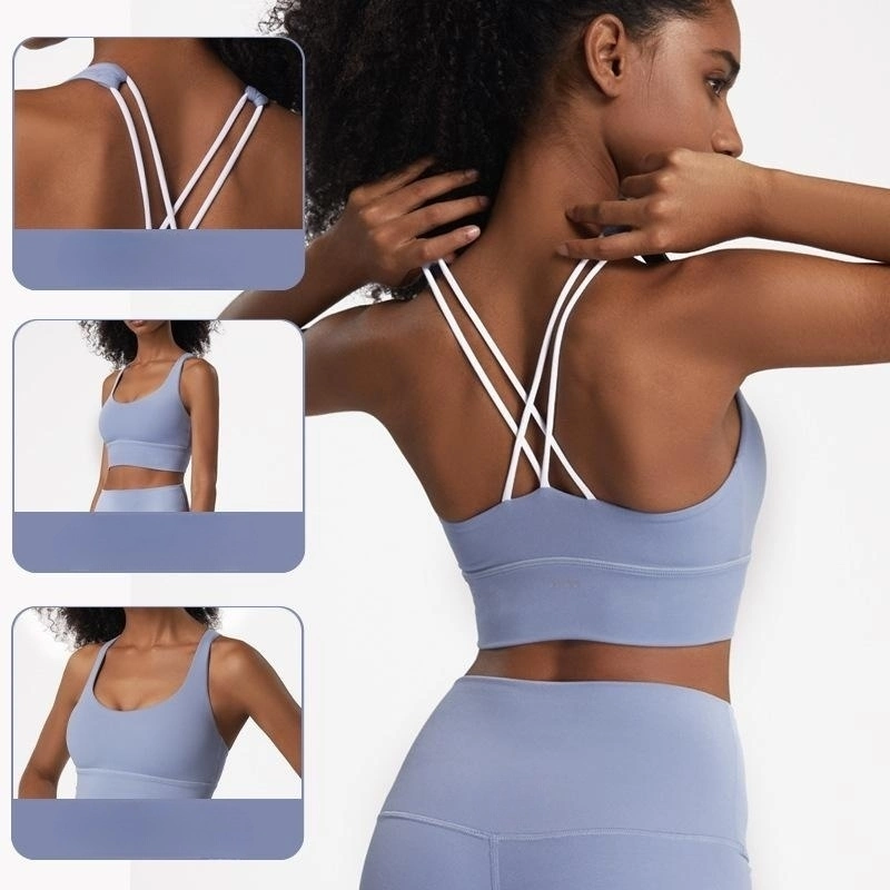 Vêtements de yoga en gros avec logo personnalisé, soutien-gorge de sport sexy à dos croisé.