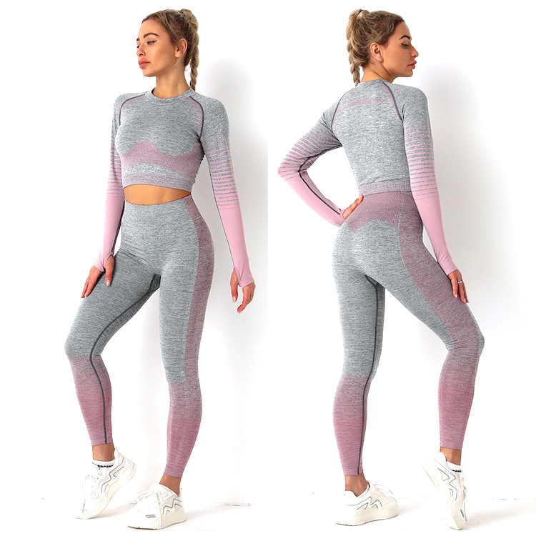 Hot Fashion Gray + Gradient Stripes Long Sleeve Seamless Gym Sports Wear for Female, Custom Sexy Activewear Butt Lift Leggings and Crop Top Running Sweat Suit