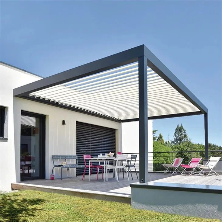 Design personalizado Pátio motorizada em alumínio com cobertura independente para o Louvre Shade Pergola Garden Gazebo com luzes LED