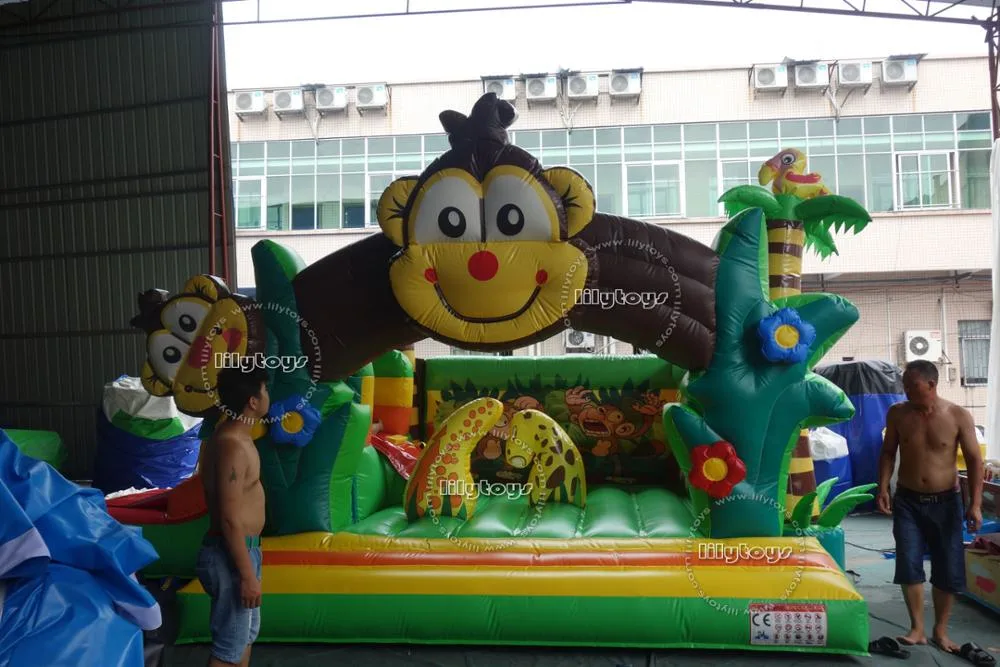 Inflables Trampolines Piscina divertido mono Bouncer, duradero, pequeños castillos con tobogán, tobogán inflable de la ciudad de diversión para niños