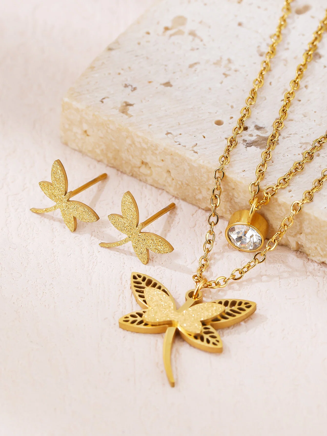 Gold Butterfly Crystal Pendant Necklace and Earring Jewelry Set