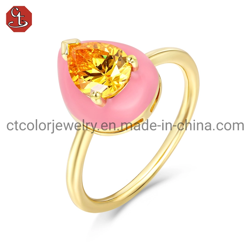 18K Gold Lemon Topaz Stone, 925 Silver Ring Jewelry with Pink Enamel