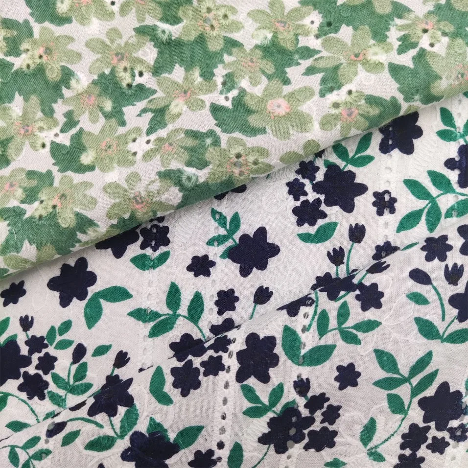 100%Cotton Green Printed Vertical Lace Embroider Fabric for Garment Dress