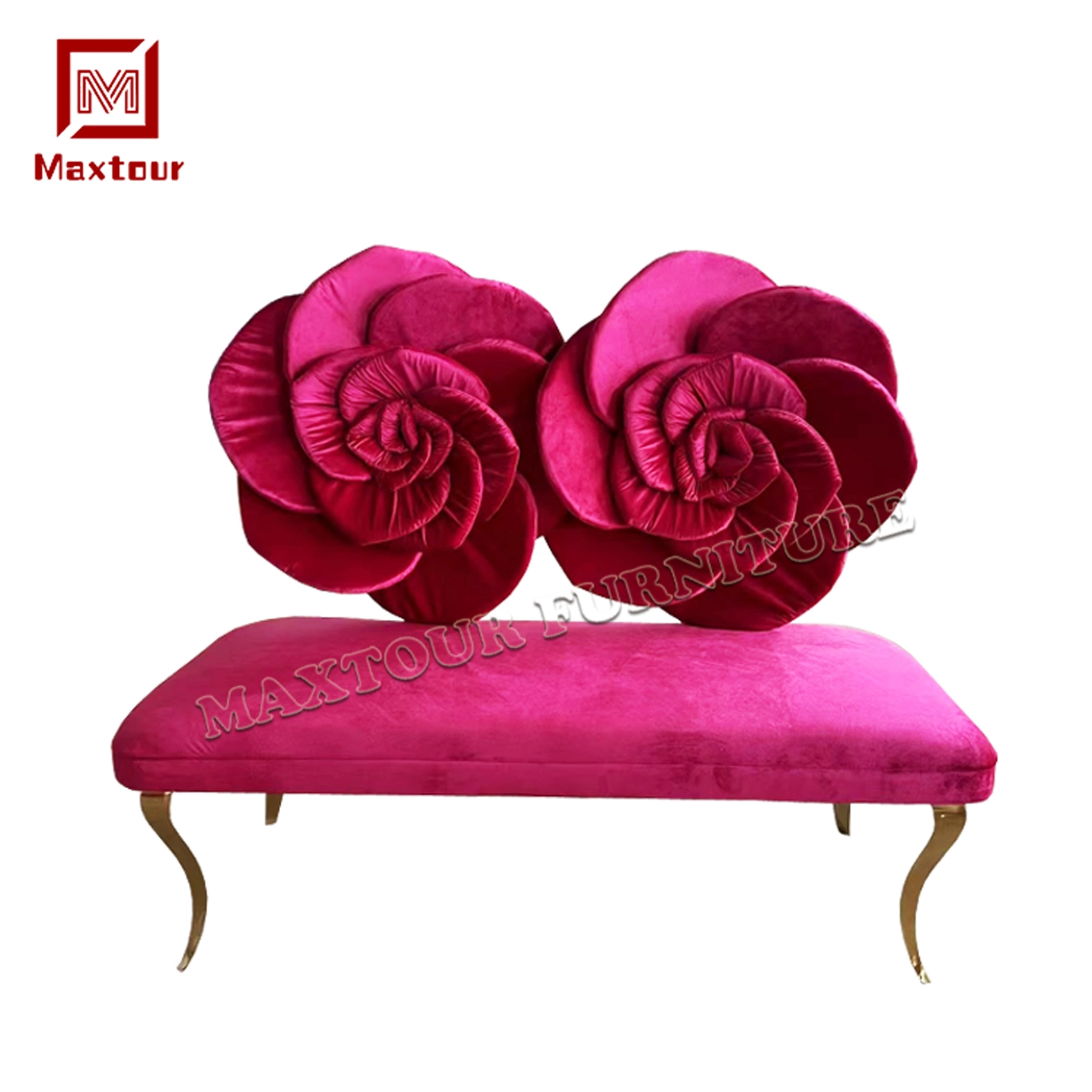 Double Seat Wedding Sofa Set Velvet Fabric Upholstered Flower Back Sofa Wedding Couch Event Rose Sofa