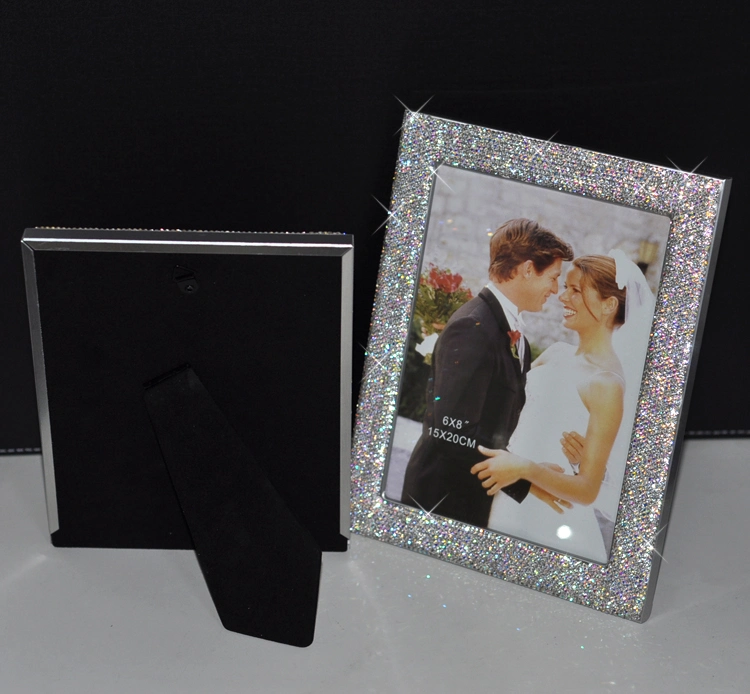 Ea007 Photos Holder Glass Mirror with Sparkling Crystal Border Use Standing with Included Easel or Ready to Hang Silver Bling Diamond Photo Frame