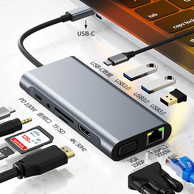 11 in 1 Hub USB C with HDMI/Audio/SD/TF/Pd/USB3.0/VGA/RJ45 Gigabit Network