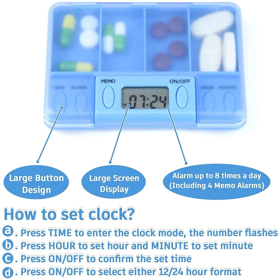 Hot Selling Electronic Smart Box Medicine Case 7day 4 Times a Day Weekly Pill Dispenser Two Groups of Reminder Alarms