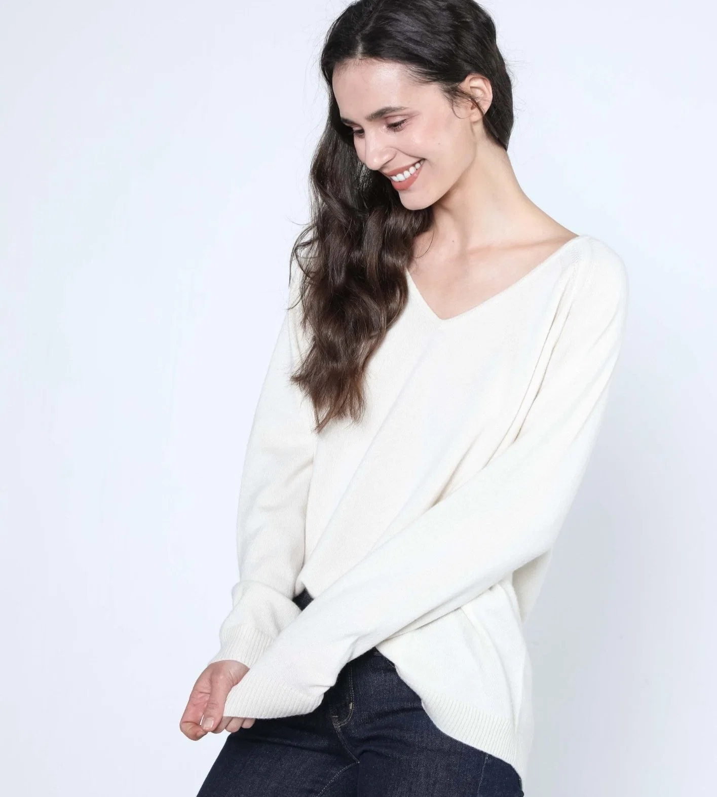 Sudadera de cashmere de cuello en V de ajuste holgado para mujer′