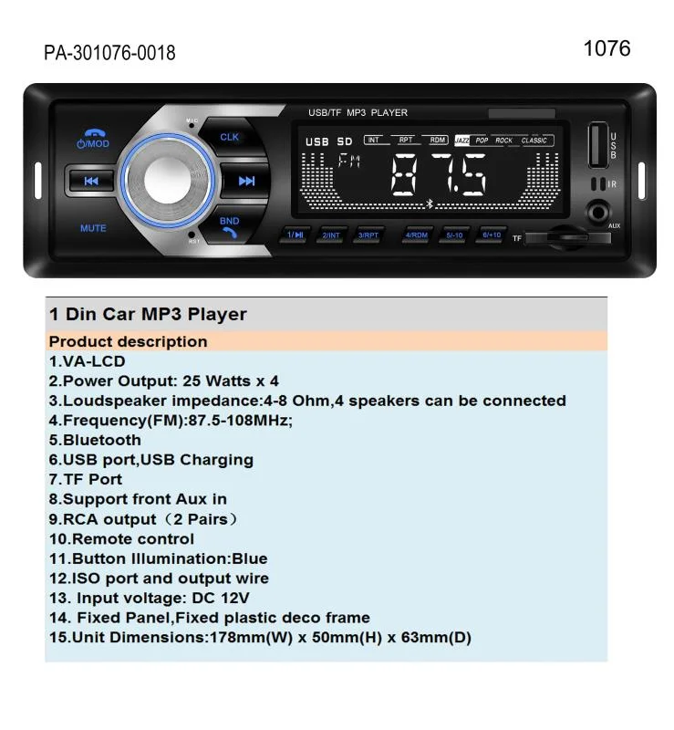 Único modelo de coche Bluetooth USB MP3 Audio/LC1076