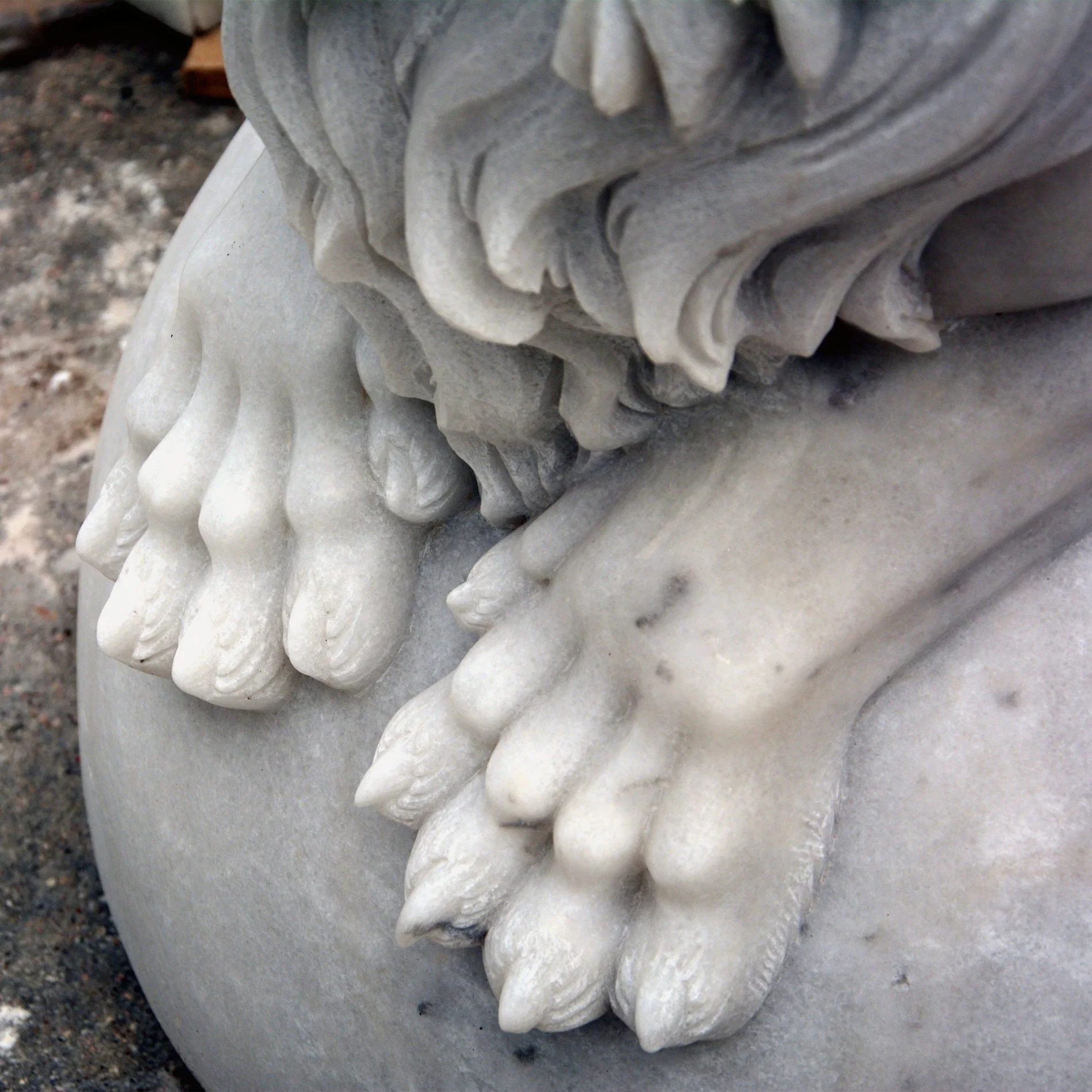 Custom Made White Marble Lion Resting on a Half Ball