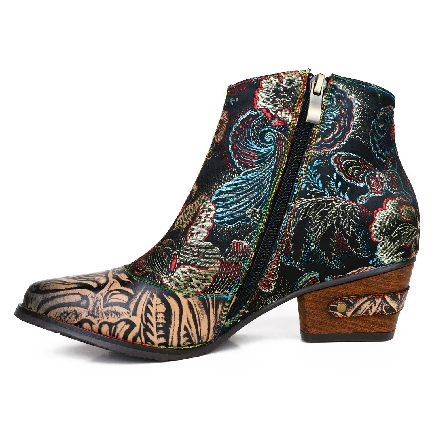 Women's Embossed Leather Shoes Maximalist 70s Vintage Embroidered Floral Pattern Bohemian Low Heel Comfy Ankle Boots