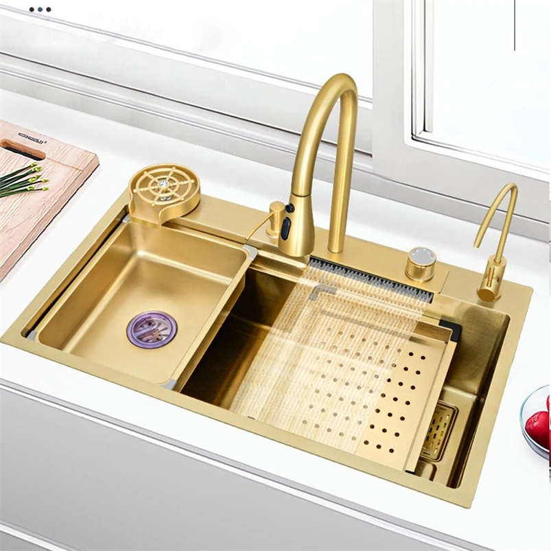 Luxury Hot Sale Modern Handmade 304 Stainless Steel Undermount Kitchen Sink with Wear-Resistant Nano-Brushed Finish, Waterfall Faucet Gold Kitchen Wash Sink