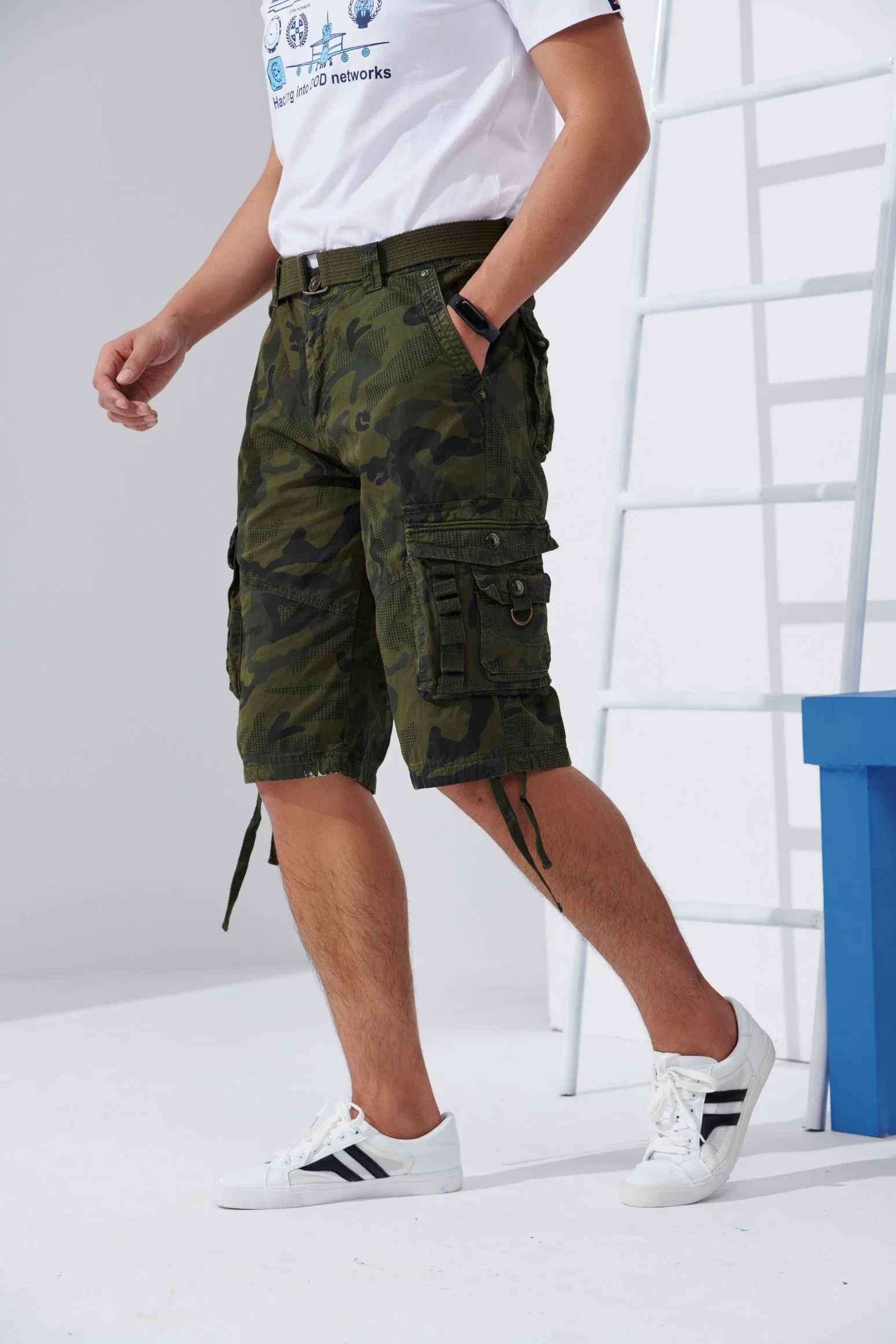 Wholesale/Supplier Fashion High quality/High cost performance  Green Camouflage Zip Belt Pants Men Cargo Shorts