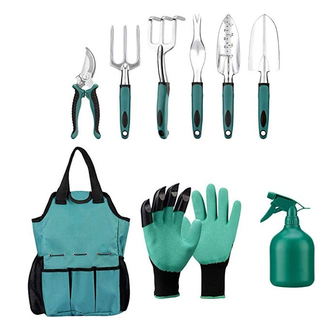 9PC/Set Garden Tools ضع الخشب المتين من الفولاذ المقاوم للصدأ للخدمة الشاقة مقبض مع قفازات أدوات أكياس أدوات يبستن مجموعة أدوات