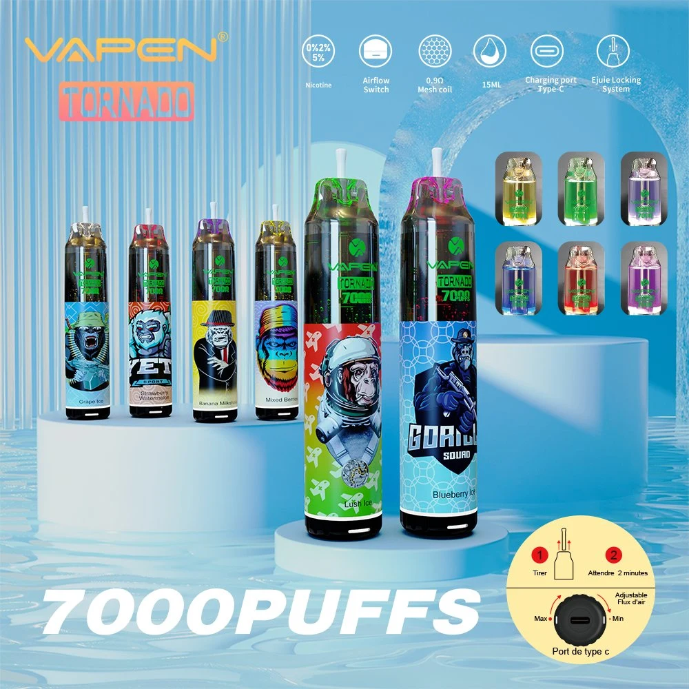 Vapen Tornado 7000 s السجائر الإلكترونية جهاز القرود 15 مل سعة 850 مللي أمبير/ساعة مفتاح تدفق الهواء LED مصباح الشبكة العنكبوتية 0% 2% 5% راندم 7000 بوف