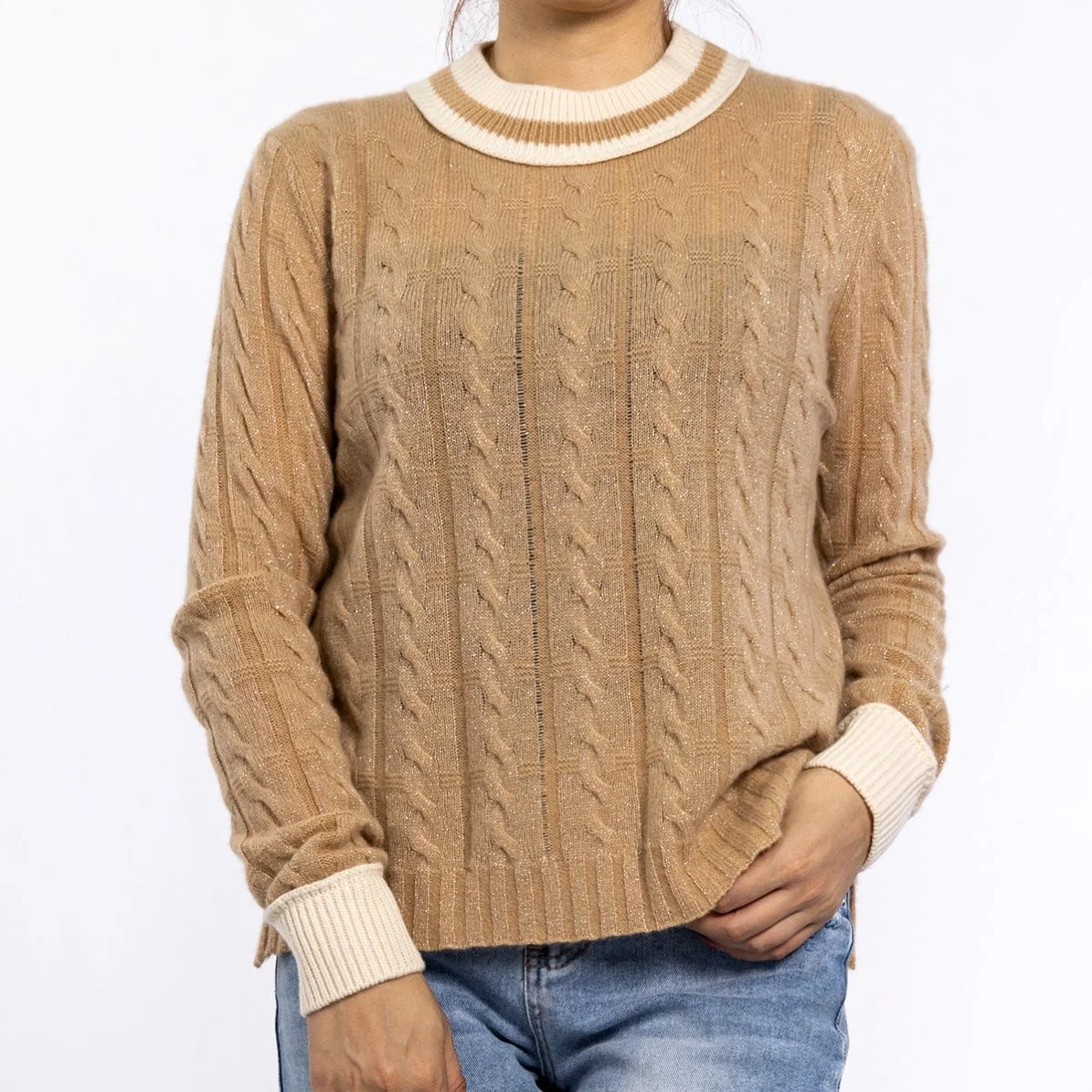 Spring Knit Tops Round Neck Lurex Yarn Ribbed Pullover Sweaters for Women