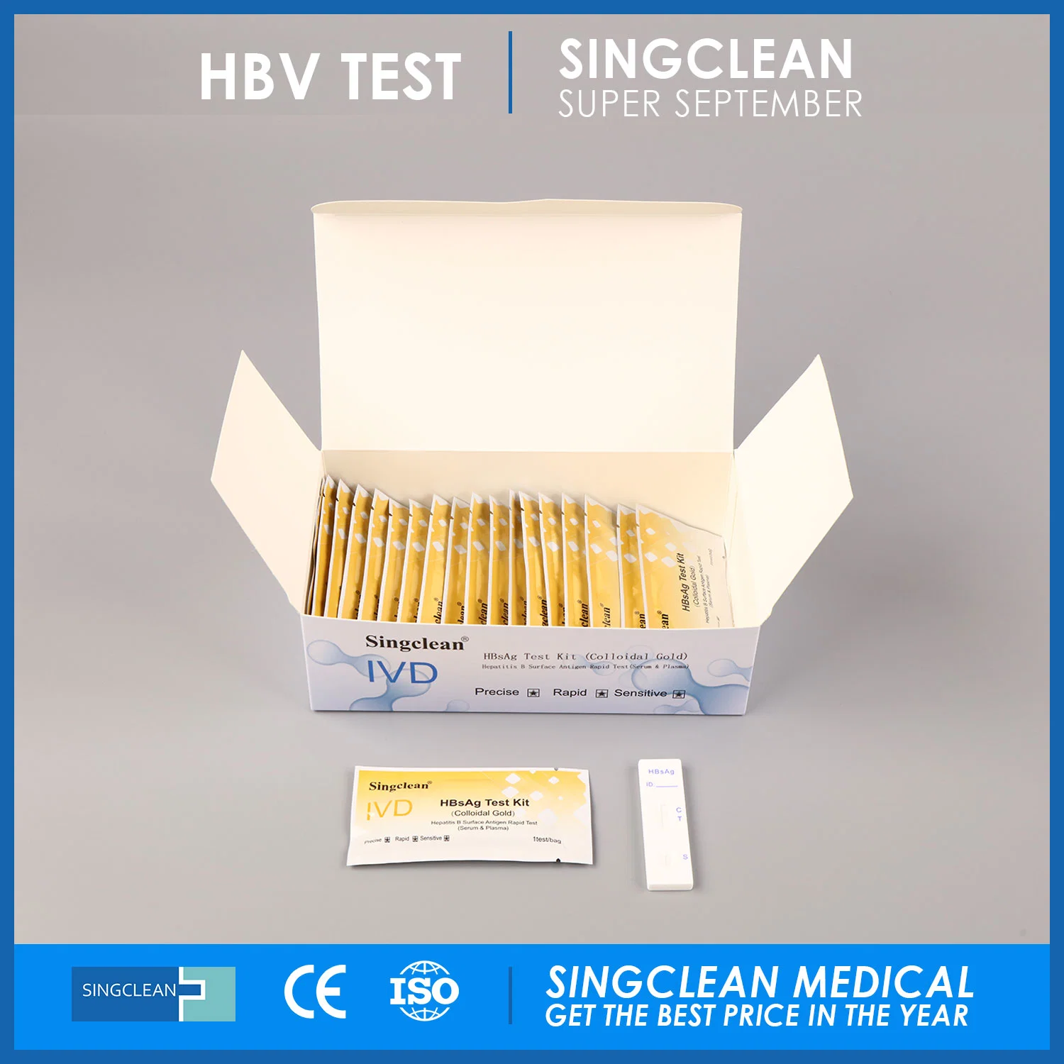 Singclean Vente en gros CE Approuvé IVD Sérum humain et Plasma HBV Kit de test médical rapide du virus de l'hépatite B Hbsag Antigène de surface (Or colloïdal) pour l'infection par le VHB.