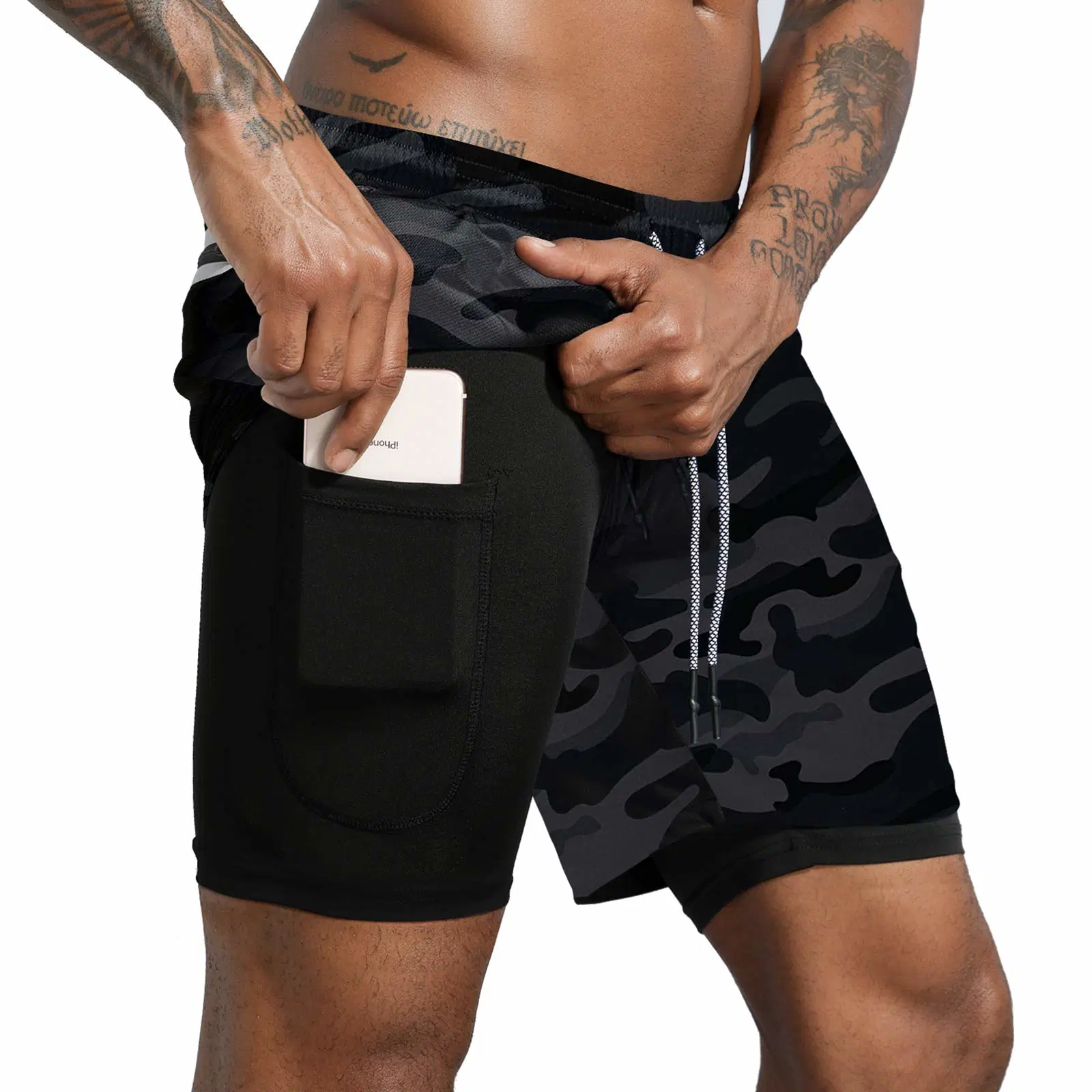 Men&prime; S 2 in 1 Workout Running Shorts Lightweight Training Yoga Gym 7" Short with Zipper Pockets