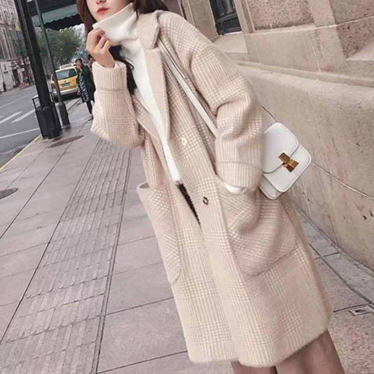 Factory Wholesale 2023 Autumn and Winter Cross-Border Plaid Large Size Coat Long Imitation Sable Thickened Cardigan Knitted Coat Women's