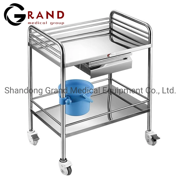 High Quality Hospital Medical Cart Emergency Stainless Steel Treatment Trolley with Drawer and Trash Surgical Instrument