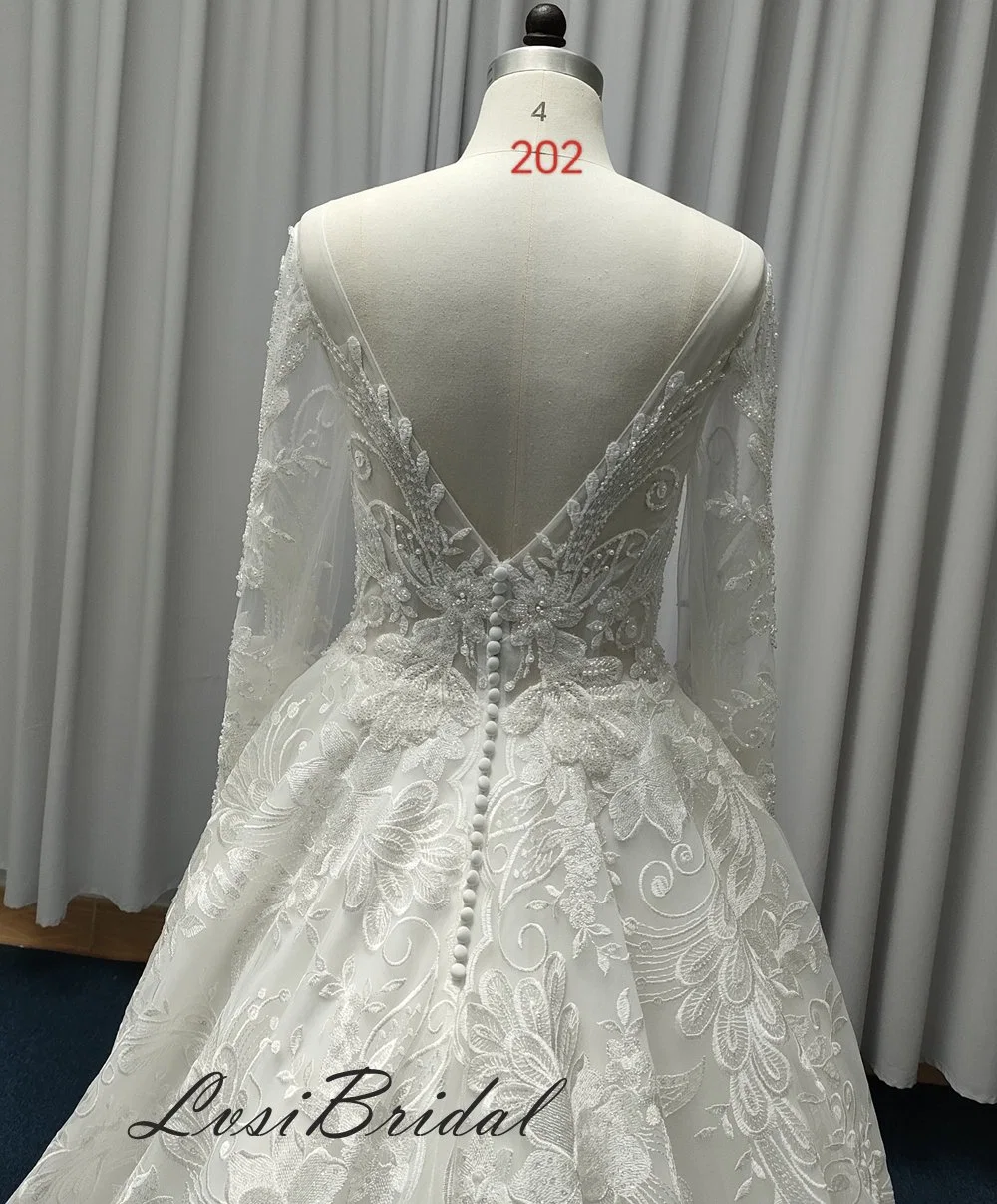 202 Illusion Bodice and Long Sleeve Wedding Dress Embroidered Beading Fashion Lace Bridal Gown Dress with Hot New Style Dress Directly Bridal Factory