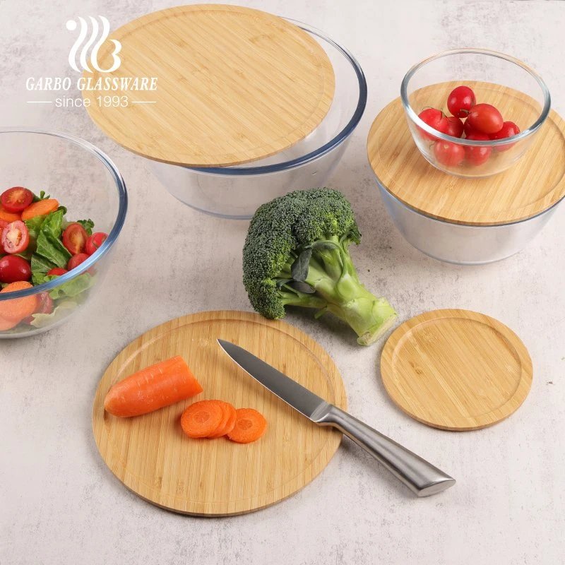 Wholesale High Borosilicate Microwave Oven Kitchen Food Serving Glass Mixing Baking Bowl with Bamboo Lid