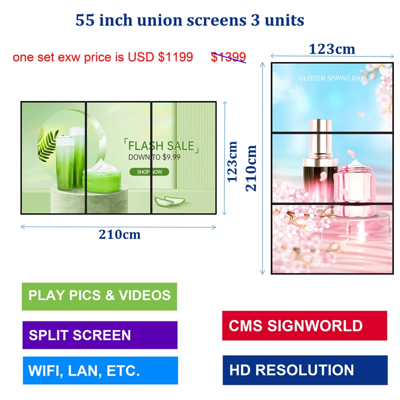 55 Inch Union Screen 3 Units LCD Advertising Digital Signage Screen Video Wall