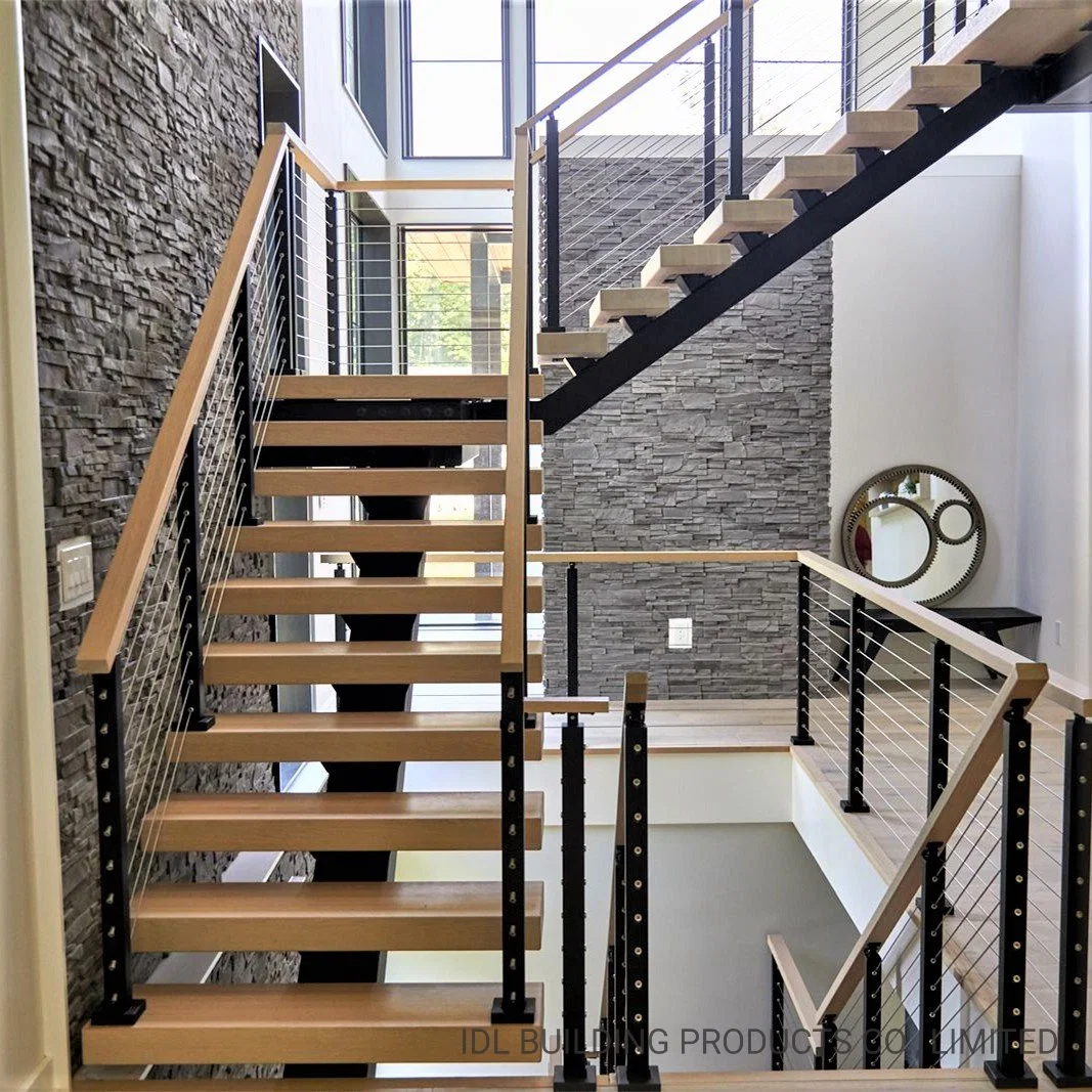 2021 U Shaped Carbon Steel Zig Zag Stringers Straight Staircase with Oak Wood Steps Steel Railing Wood Floating Stairs