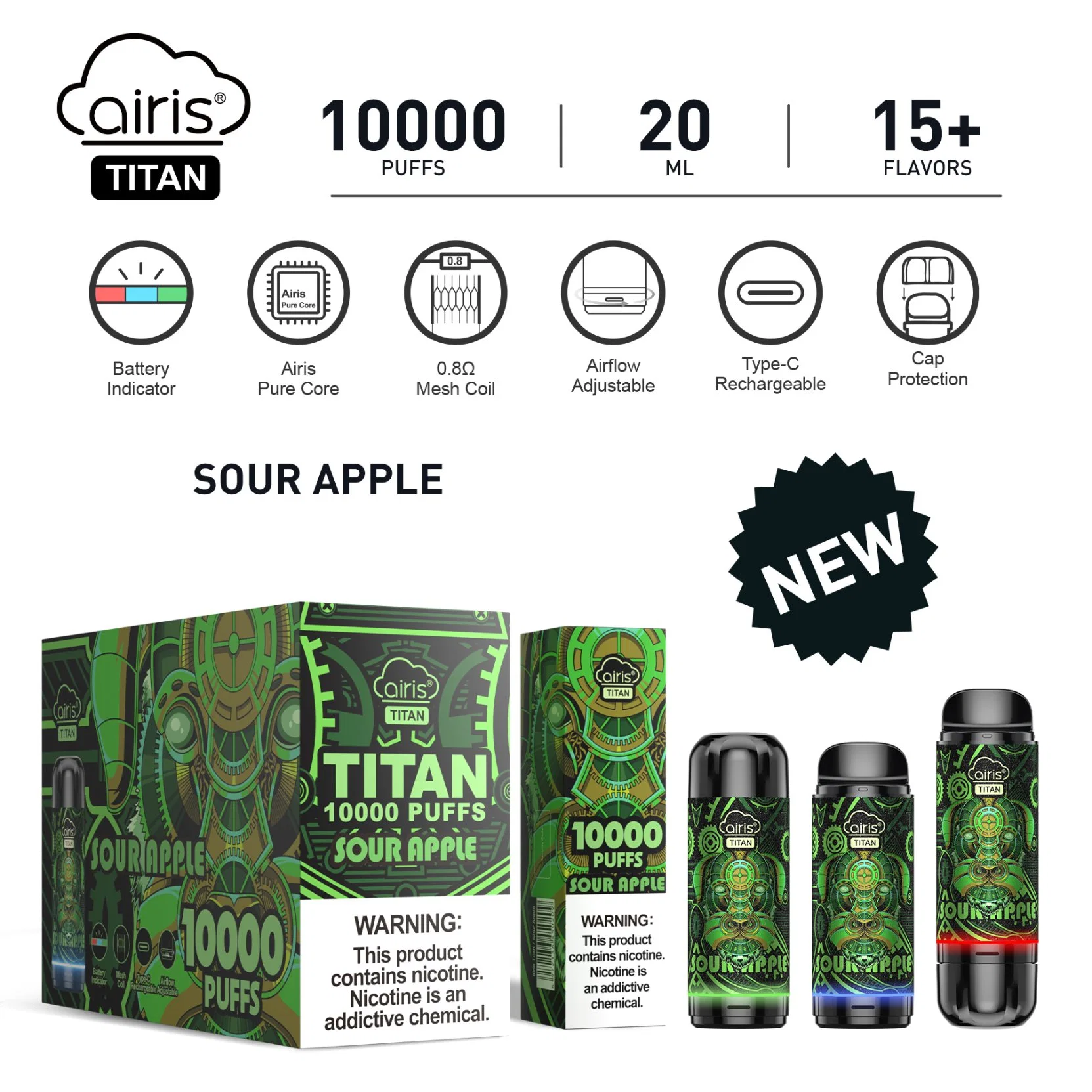 Airis Titan E Zigarette Airflow 10000 10K Puffs Wiederaufladbare Einweg Vapor Puff Bar Mit Mesh-Einsatz Für Vape Pen