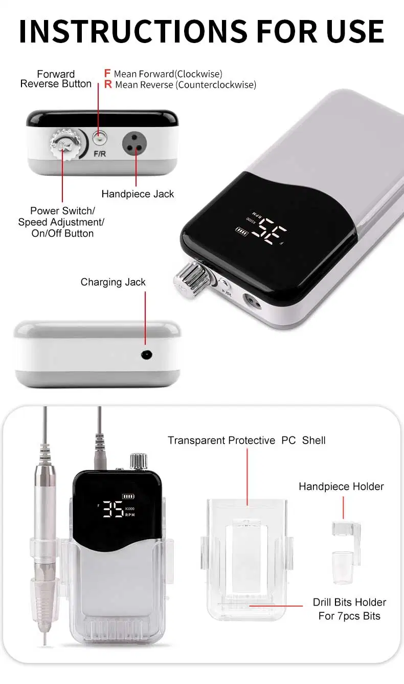 Máquina de perforación de clavos de archivos eléctricos Desbrozadora sin escobillas de nueva llegada Taladro de uñas 35000rpm E-File con logotipo privado para Salon