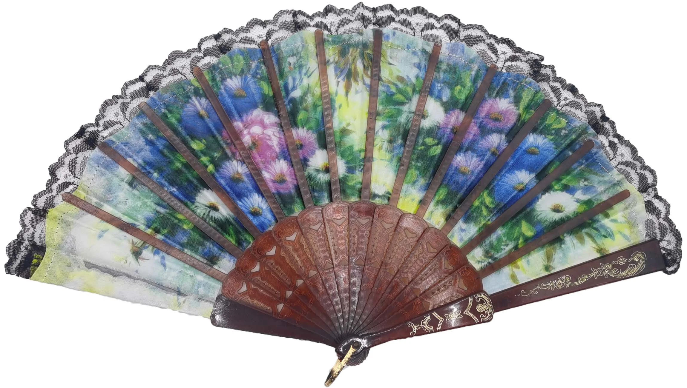 2023 Spanish Lace Flower Fabric Silk Fans Flower Party Wedding Dancing Folding Lace Hand Fan