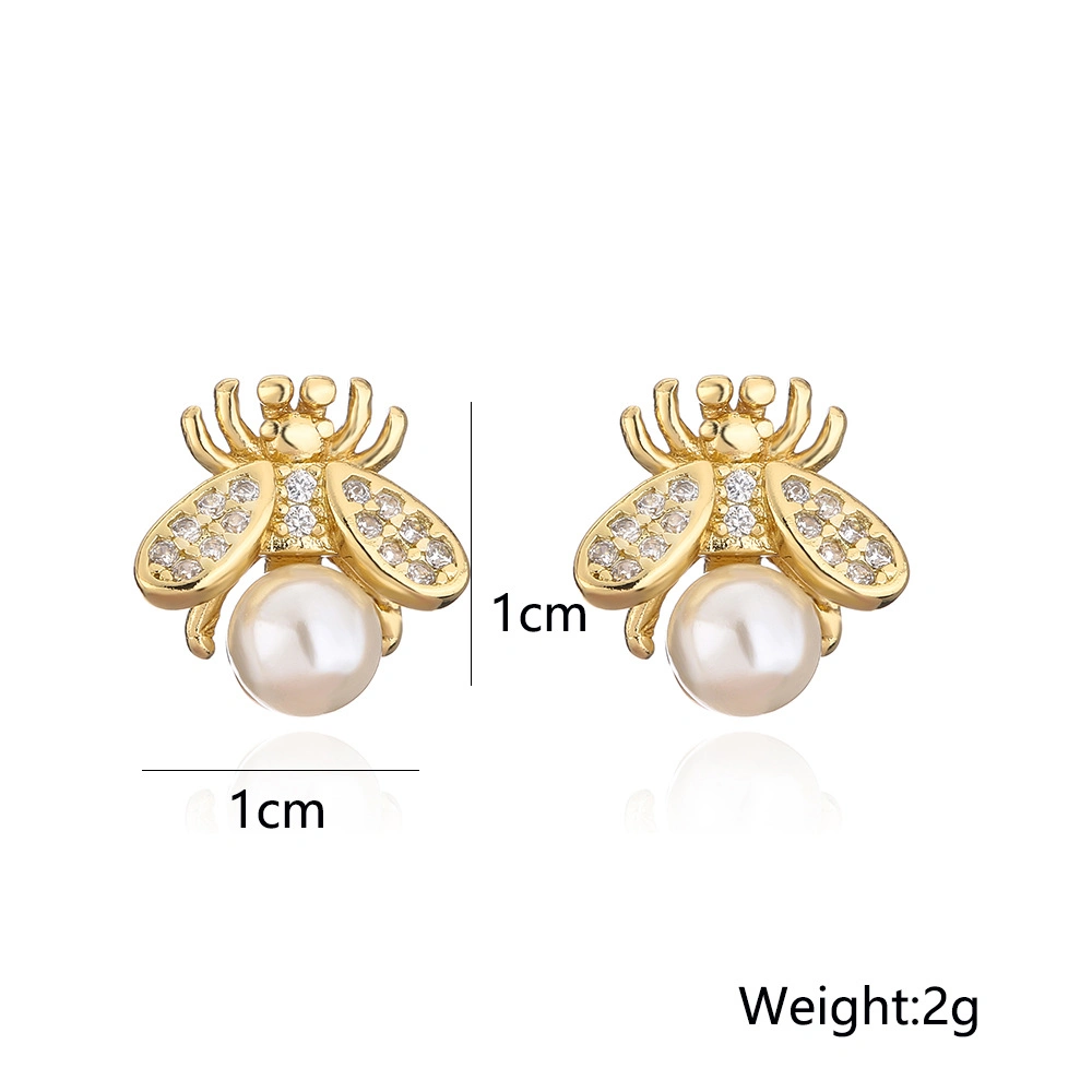 Cross Border Source Cuper-Plated 18K Gold Micro-Inset Zircon Lovely Bee Pearl Earrings Jewellery