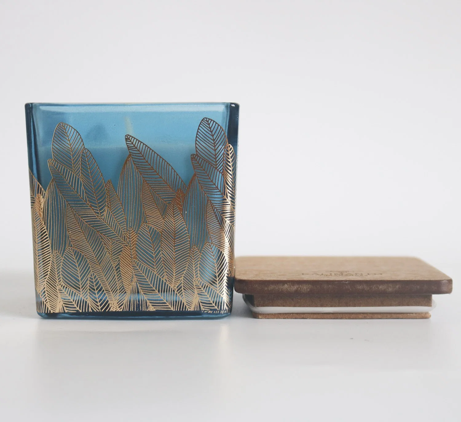 Luxury Golden Leaf Blue Square Glass Candle with Wooden Lid