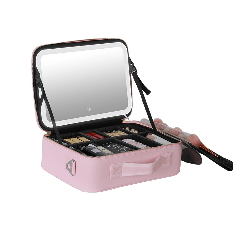 Travel Train Makeup Case with LED Mirror Multifunction Adjustable Brightness Beauty Box Storage Bag for Toiletry Gift Women