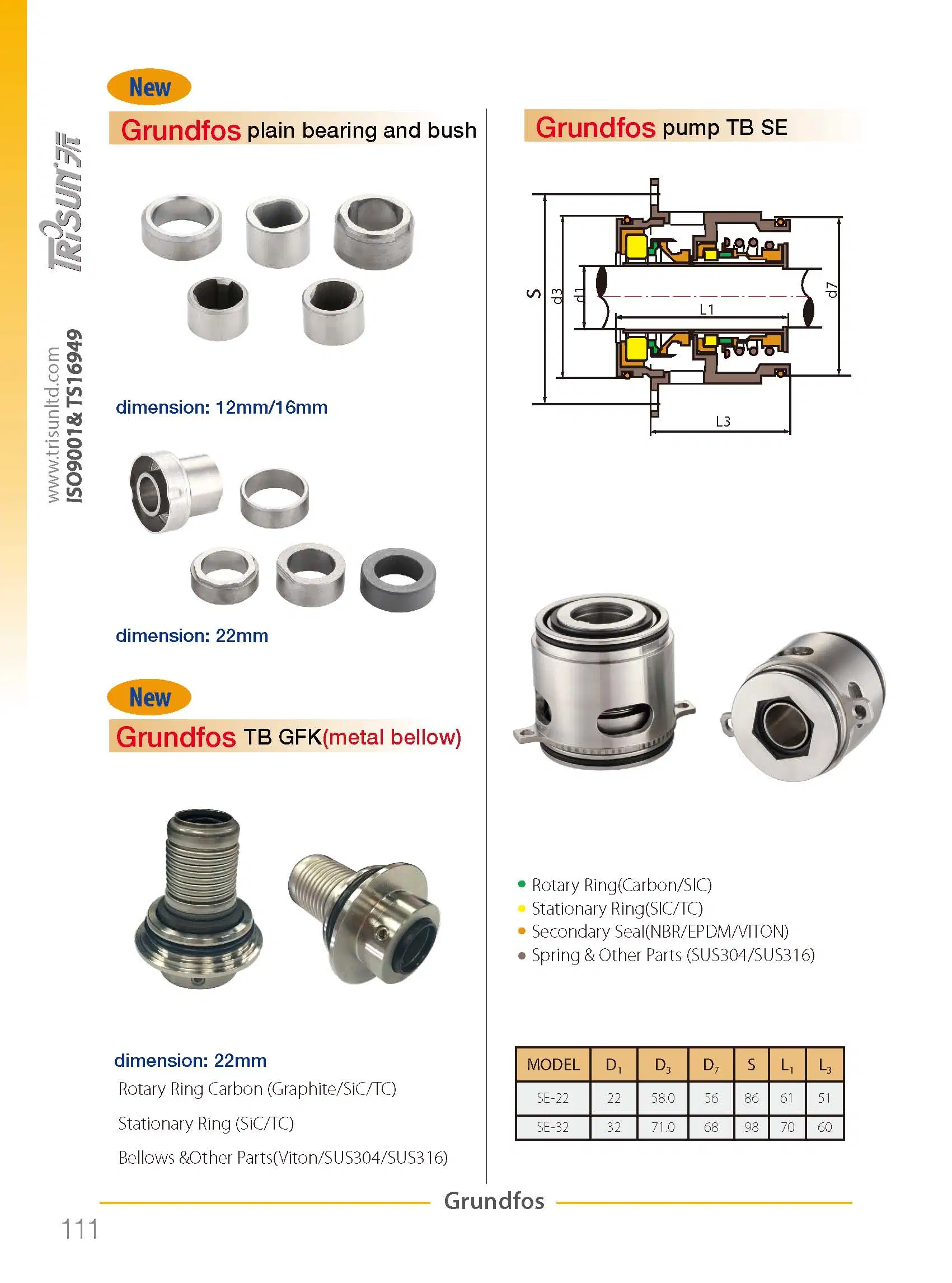 Sello mecánico de cartucho para bombas Speroni Grundfos Cdl/Cdlf CNP