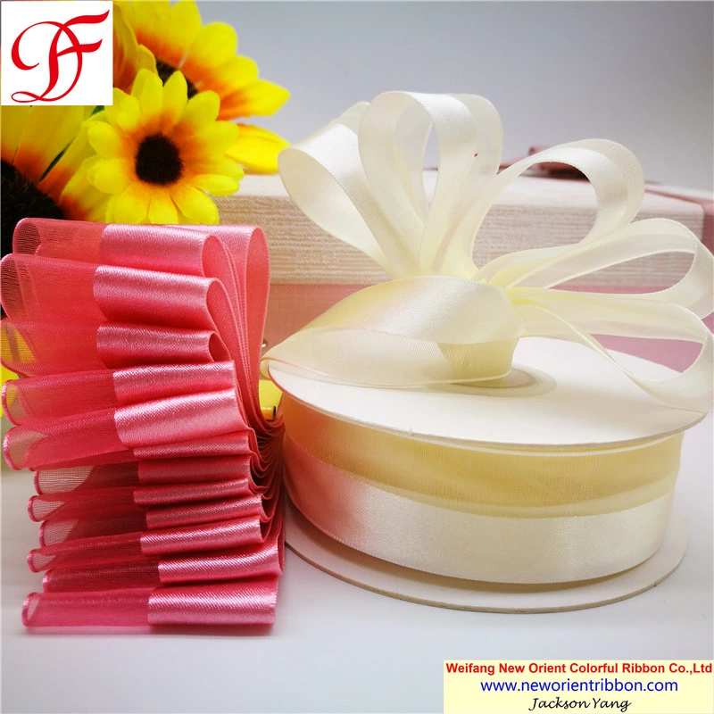 Factory Wholesale/Supplier OEM Customized Half Satin+ Half Organza Ribbon for Bows/Decoration/Xmas