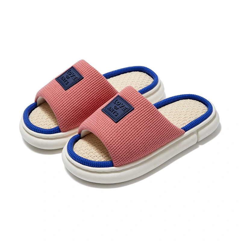 Waffle Fabric Cotton Linen Slippers Thick-Soled Non-Slip All Seasons Soft Bottom Shoes