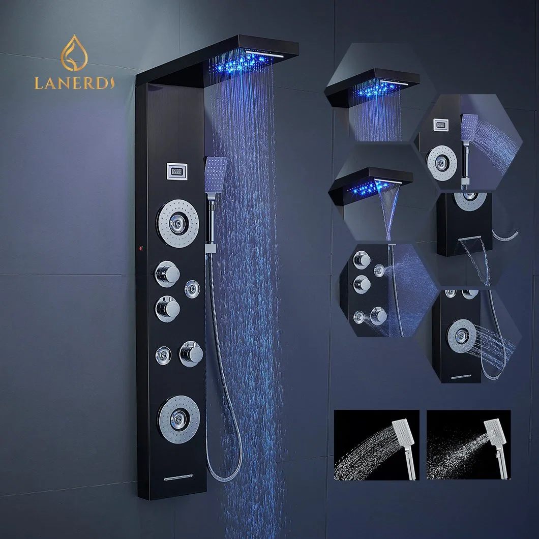 Venda por grosso de montagem em parede seis funções jato corporal SPA Massagem Smart Chuveiro Tower torneira LED LCD Preto Digital Chuveiro Sistema do Painel, 304 aço inoxidável Painel de duche